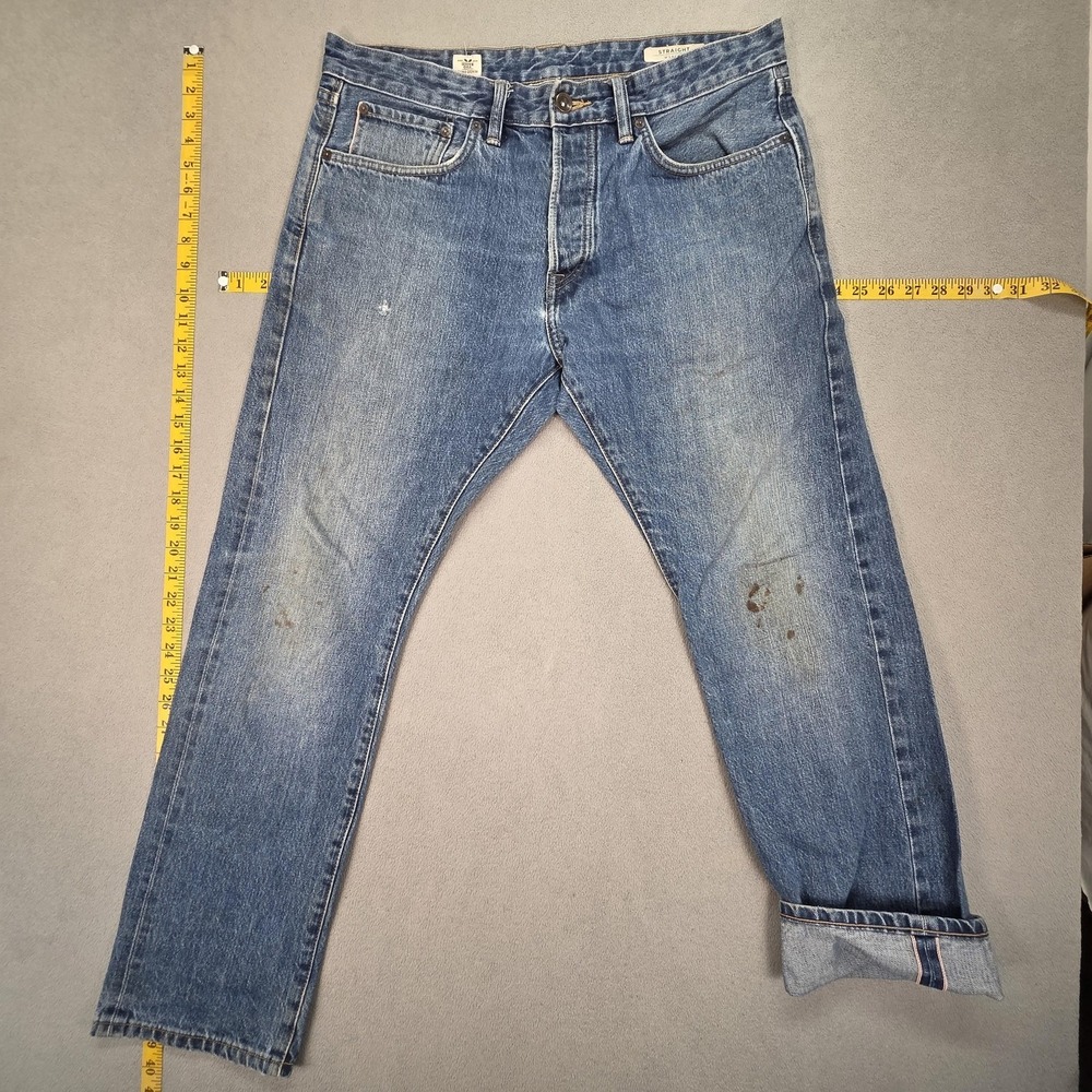 M&S Art Of Selvedge Jeans Mens Blue Straight Button Fly Stains 34x29